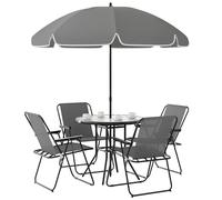 Outsunny Conjunto de Mesa y Sillas Jardín de 6 Piezas Muebles de Jardín Exterior con 4 Sillas Plegables Mesa de Vidrio y Sombrilla para Terraza Patio Gris