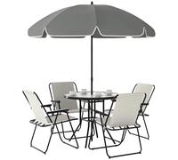 Outsunny Conjunto de Mesa y Sillas Jardín de 6 Piezas Muebles de Jardín Exterior con 4 Sillas Plegables Mesa de Vidrio y Sombrilla para Terraza Patio Crema