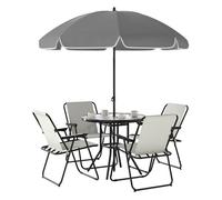 Outsunny Conjunto de Mesa y Sillas Jardín de 6 Piezas Muebles de Jardín Exterior con 4 Sillas Plegables Mesa de Vidrio y Sombrilla para Terraza Patio Crema