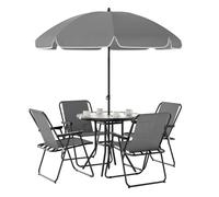 Outsunny Conjunto de Mesa y Sillas Jardín de 6 Piezas Muebles de Jardín Exterior con 4 Sillas Plegables Mesa de Vidrio y Sombrilla para Terraza Patio Gris