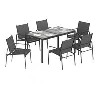 Outsunny Conjunto de Mesa y Sillas Jardín de 7 Piezas, Muebles de Jardín Exterior con Mesa de Efecto Madera y 6 Sillas con Asiento Transpirable, Marco de Acero Galvanizado, para Terraza, Patio, Negro