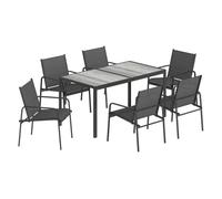 Outsunny conjunto de mesa y sillas jardín de 7 piezas, muebles de jardín exterior con mesa de efecto madera y 6 sillas con asiento transpirable, marco de acero galvanizado, para terraza, patio, negro