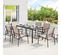 Outsunny Conjunto de Mesa y Sillas Jardín de 7 Piezas, Muebles de Jardín Exterior con Mesa de Efecto Madera y 6 Sillas con Asiento Transpirable, Marco de Acero Galvanizado, para Terraza, Patio Caqui o