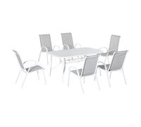 Outsunny conjunto de mesa y sillas jardín de 7 piezas, muebles de jardín exterior con mesa y 6 sillas para terraza con orificio para sombrilla y encimera de cristal, para terraza patio, gris