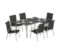 Outsunny conjunto de mesa y sillas jardín de 7 piezas, muebles jardín exterior con mesa de vidrio templado, 6 sillas apilables transpirables, marco de metal resistente a la intemperie, negro y plata