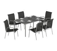 Outsunny Conjunto de Mesa y Sillas Jardín de 7 Piezas, Muebles Jardín Exterior con Mesa de Vidrio Templado, 6 Sillas Apilables Transpirables, Marco de Metal Resistente a la Intemperie, Negro y Plata
