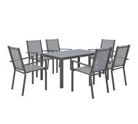 Outsunny Conjunto de Mesa y Sillas Jardín de 7 Piezas Patio Gris Claro | Muebles de Jardín Exterior, 6 Sillas Apilables, Mesa con Encimera de Madera Plástica, Marco de Acero, Terraza Patio