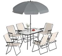 Outsunny Conjunto de Mesa y Sillas Jardín de 8 Piezas, Muebles de Jardín Exterior con Sombrilla, 6 Sillas Plegables, Mesa de Vidrio Templado, para Terraza, Patio, Crema
