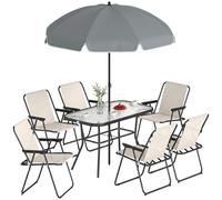 Outsunny Conjunto de Mesa y Sillas Jardín de 8 Piezas, Muebles de Jardín Exterior con Sombrilla, 6 Sillas Plegables, Mesa de Vidrio Templado, para Terraza, Patio, Crema
