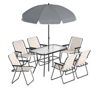 Outsunny Conjunto de Mesa y Sillas Jardín de 8 Piezas, Muebles de Jardín Exterior con Sombrilla, 6 Sillas Plegables, Mesa de Vidrio Templado, para Terraza, Patio, Crema