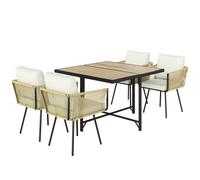 Outsunny Conjunto de Mesa y Sillas Jardín de Ratán 5 Piezas con Mesa de Plástico-Madera 4 Sillas con Cojines Extraíbles Beige