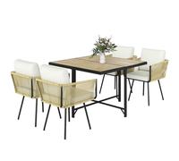 Outsunny Conjunto de Mesa y Sillas Jardín de Ratán de 5 Piezas, Muebles Jardín Exterior con Mesa de Plástico-Madera y 4 Sillas con Cojines Extraíbles, Marco de Metal Resistente para Terraza, Beige