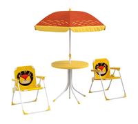 Outsunny conjunto de mesa y sillas para exterior infantil set de 2 sillas plegables y mesa para niños mesa con sombrilla ajustable en altura temática de león para jardín patio amarillo y marrón