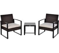 Outsunny Conjunto Muebles Ratán Jardín 3 Piezas Set Comedor Mesa 42,5x40x39 cm 2 Sillones 63x57x76 cm Cojines Acolchados Marrón Aosom España