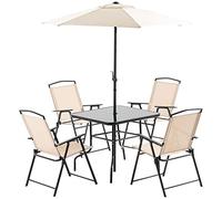 Outsunny Conjunto de Muebles de Jardín con 4 Sillas Plegables Mesa de Comedor de Vidrio y Sombrilla Inclinable 80x80x70 cm Beige Aosom España