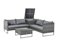 Outsunny Conjunto de Muebles de Jardín de Ratán 4 Piezas 132x69x64 cm Gris | 2 Sofás Dobles, Mesa de Centro, Mesa con Arcón, Cojines Extraíbles, Terraza Patio Exterior, Kit Sofá2 Plazas