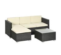Outsunny conjunto de muebles de ratán de jardín 3 piezas muebles de ratán exterior sofá de 3 plazas con cojines acolchados mesa de centro con tablero de vidrio templado y reposapiés anti-uv negro