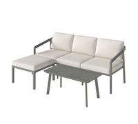 Outsunny conjunto de muebles jardín exterior de 3 piezas sofá exterior seccional forma de l con sofá de 3 plazas reposapiés mesa centro de listones y cojines de 10 cm para terraza patio marrón y beige