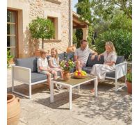 Outsunny Conjunto de Muebles Jardín Exterior de 4 Piezas Sofá Exterior Seccional Forma de L con 3 Sofás de 2 Plazas Asiento de Textilene Mesa con Tablero Efecto Madera WPC Cojines Gris Claro y Blanco
