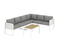 Outsunny Conjunto de Muebles Jardín Exterior de 4 Piezas Sofá Exterior Seccional Forma de L con 3 Sofás de 2 Plazas Asiento de Textilene Mesa con Tablero Efecto Madera WPC Cojines Gris Claro y Blanco