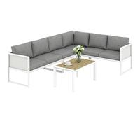 Outsunny Conjunto de Muebles Jardín Exterior de 4 Piezas Sofá Exterior Seccional Forma de L con 3 Sofás de 2 Plazas Asiento de Textilene Mesa con Tablero Efecto Madera WPC Cojines Gris Claro y Blanco