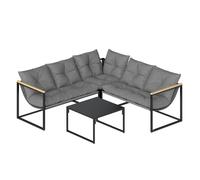 Outsunny conjunto de muebles jardín exterior de 4 piezas, sofá exterior seccional resistente forma de l con cojines gruesos, 2 sofás de 2 plazas, sofá de esquina y mesa centro de vidrio templado, gris