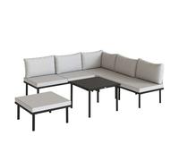 Outsunny Conjunto de Muebles Jardín Exterior de 6 Piezas Sofá Exterior Seccional Forma de L con Sofá de 2 Plazas Módulo de Esquina 2 Sillones Reposapiés Mesa con Tapa de Vidrio y Cojines Gris Claro