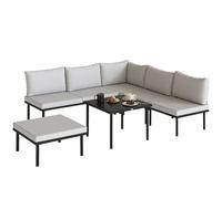 Outsunny conjunto de muebles jardín exterior de 6 piezas sofá exterior seccional forma de l con sofá de 2 plazas módulo de esquina 2 sillones reposapiés mesa con tapa de vidrio y cojines gris claro