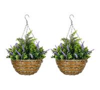 Outsunny Conjunto de Plantas Artificiales de Lavanda con Maceta y Gancho en PE y Mimbre 25x34 cm Verde y Violeta Aosom España