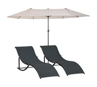 Outsunny Conjunto de Sombrilla Doble y 2 Tumbonas Plegables en Forma de S para Piscina Patio Jardín Terraza 4,55x2,65x2,38 m 165x61x63 cm Beige y Negro