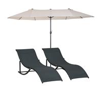 Outsunny Conjunto de Sombrilla Doble y 2 Tumbonas Plegables en Forma de S para Piscina Patio Jardín Terraza 4,55x2,65x2,38 m 165x61x63 cm Beige y Negro