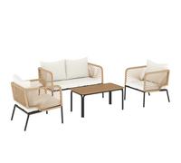 Outsunny Conjunto Jardín Exterior de 4 Piezas con Sofá 2 Sillones y Mesa WPC Ratán PE Tipo Cuerda Cojines Acolchados Blanco