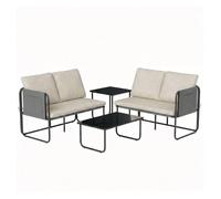 Outsunny Conjunto Jardín Exterior de 4 Piezas, Muebles Jardín Exterior con 2 Sofás 2 Plazas, 2 Mesas de Vidrio, Cojines, Fundas Extraíbles, Bolsillos, Tela Textilene Transpirable, Marco Acero, Caqui