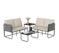 Outsunny Conjunto Jardín Exterior de 4 Piezas, Muebles Jardín Exterior con 2 Sofás 2 Plazas, 2 Mesas de Vidrio, Cojines, Fundas Extraíbles, Bolsillos, Tela Textilene Transpirable, Marco Acero, Caqui