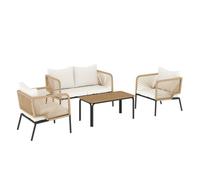 Outsunny Conjunto Jardín Exterior de 4 Piezas, Muebles Jardín Exterior con Sofá de 2 Plazas, 2 Sillones, Mesa de WPC, Ratán PE Tipo Cuerda, Cojines Acolchados y Marco de Metal para Terraza, Blanco