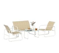 Outsunny Conjunto Jardín Exterior de 4 Piezas, Muebles Jardín Exterior con Sofá de 2 Plazas, 2 Sillones, Mesa de Vidrio Templado, Tela de Textilene Transpirable, Estructura de Acero, Caqui