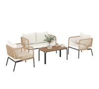 Outsunny Conjunto Jardín Exterior de 4 Piezas, Muebles Jardín Exterior con Sofá de 2 Plazas, 2 Sillones, Mesa de WPC, Ratán PE Tipo Cuerda, Cojines Acolchados y Marco de Metal para Terraza, Blanco