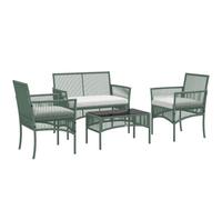 Outsunny Conjunto Jardín Exterior de Ratán 4 Piezas para Patio Verde Oscuro | Muebles Jardín Exterior, Muebles Terraza, 1 Sofá de 2 Plazas, 2 Sillones, Cojines, 1 Mesa de Tablero de Vidrio