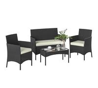 Outsunny Conjunto Jardín Exterior de Ratán con Cojines Conjunto Terraza Resistente a la Intemperie Muebles Jardín Exterior con 2 Sillones Sofá de 2 Plazas Mesa con Cristal Negro y Crema