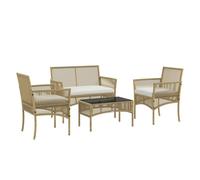 Outsunny Conjunto Jardín Exterior de Ratán, Muebles Jardín Exterior para 4 Piezas, Muebles Terraza con 1 Sofá de 2 Plazas, 2 Sillones, Cojines y 1 Mesa de Tablero de Vidrio, para Patio Natural