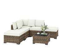 Outsunny Conjunto de Jardín de Ratán de 6 Piezas, Conjunto Terraza Resistente, Muebles Jardín Exterior Incluye Cojines, 4 Módulos de Asiento, 1 Sofá Esquinero y Mesa Centro de Vidrio, Marrón Mixto