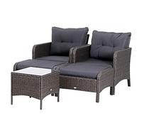 Outsunny Conjunto Muebles Ratán de Jardín Exterior 5 Pcs Sillón Mesa de Café y Taburete Reposapiés Cojín Incluido Marco Acero Color Gris
