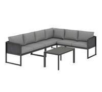 Outsunny Conjunto sofá angular de jardín en metal, 3 sillones, mesa efecto madera, gris oscuro