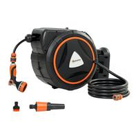 Outsunny Enrollador de Manguera para Jardín 23+2 m de Pared Naranja | 12 Modos de Rociado, Bloqueo Automático, Retracción Controlada, Carrete de Manguera de Jardín, Soporte Orientable 180°