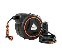 Outsunny Enrollador de Manguera para Jardín 28+2 m con 12 Modos de Rociado, Carrete de Manguera de Jardín de Pared con Bloqueo Automático y Retracción Controlada, Soporte Orientable 180°, Naranja