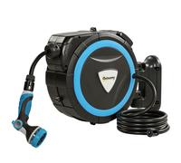 Outsunny Enrollador Manguera de Riego de Pared 14+1,5 m con Bloqueo y Adaptadores, Giratorio 180°, 12 Modos de Pulverización, 49x15x37cm, Azul Aosom España