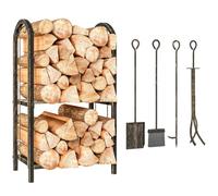 Outsunny Estante de Leña de Metal 2 Niveles 100 kg 43x30x74 cm Marrón | Leñero Exterior, 4 Herramientas para Chimenea y Ganchos, Soporte para Leña de Chimenea, para Interior y Exterior