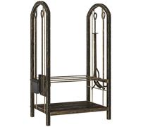 Outsunny Estante de Leña para Chimenea Interior 43 x 30 x 74 cm 2 Niveles Estante de Leña con 4 Herramientas para Chimenea, Ganchos