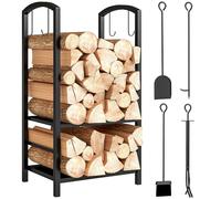 Outsunny Estante de Leña para chimenea Soporte para Leña de 2 Niveles Leñero Exterior e Interior Metálico con 4 Herramientas para Chimenea Carga Máx.100 kg 40x30x74,5 cm Negro