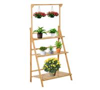 Outsunny Estantería de Flores Soportes de Macetas Porta Plantas en Madera de Bambú 3 niveles + Barra de Soporte para Macetas Colgantes Aosom España